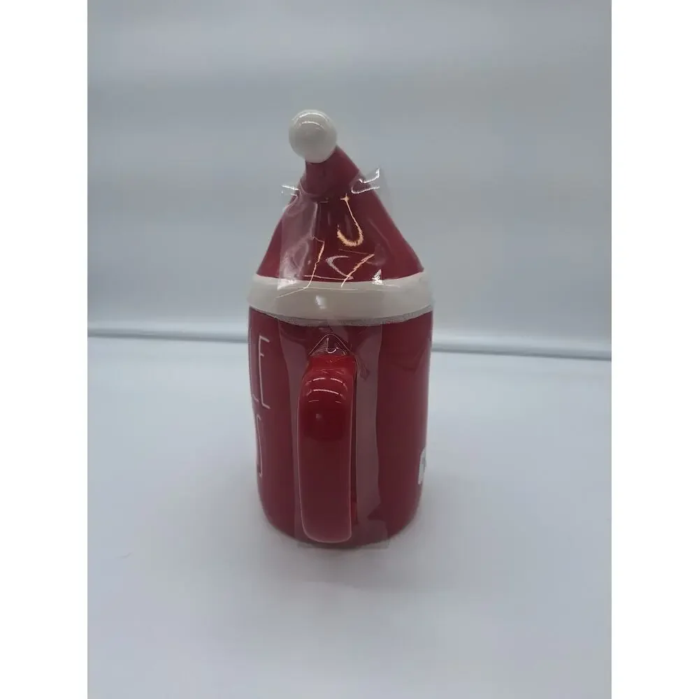 Brand New Rae Dunn Red Jingle Bells Christmas Mug with Santa Topper.